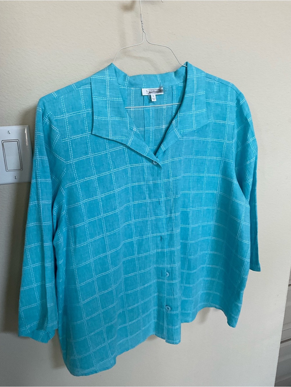 Aqua and white checked linen blouse
